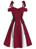 Women Party Dress Cold Shoulder Lace-Up Contrast Flare Dress Short Sleeves Casual Mini Dresses Robe
