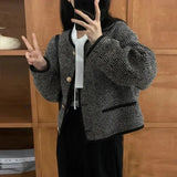 Vintage Tweed Jackets Women Striped Cropped Coat Korean Elegant Single Breasted Loose Casual Chic Short Outwear Tops