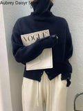 Pullover Sweater Women Irregular Button Design Knitted Sweater Female Korean Fashion Elegant Turtleneck Slit Pullover