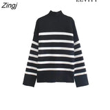 Women Fashion Thick Warm Striped Loose Knit Sweater Vintage High Neck Long Sleeve Female Pullovers Chic
