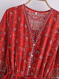 Queens Floral Print Bat Sleeve Beach Bohemian Mini Dress Ladies V Neck Tassel Summer Boho