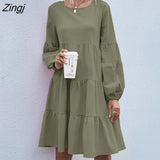 cotton linen O neck mini dress for womens Lantern sleeve Stitching loose big swing dress A-Line Full vestido women