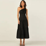 Red Boho Asymmetrical Solid Color Sexy One Shoulder Straped Bodycon Midi Dress Women Casual Summer Party Slip Dresses