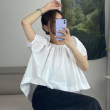 Open Back Puff Sleeve Crop Top Summer 2022 Short Sleeve Blouse Casual Peplum Top White Tie Back Korean Fashion