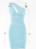 Double Layer Mesh Bodycon Mini Dress Women Summer One Shoulder Backless Sexy dresses Sexy Party Ruched Dress