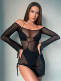 2 Pcs Set Off Shoulder Mesh See Through Slit Mini Dress Bandage One Pcs Bikini Swimsuit 2022 Summer Women Beach