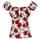 Summer Women Vintage Party Blouse 50s 60s Cherry Print White Cotton Short Sleeve Elastic Neck 2022 Tops Women