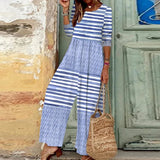 Fall Street Long Sleeve Loose Rompers Women Clothing Striped Patchwork Jumpsuits Fashion O Neck Pleated Wide Leg