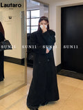 Autumn Winter Extra Long Black Thickened Warm Wool & Blends Coat for Women Double Breasted Fashion New in