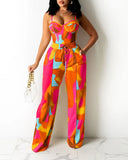 Pre-fall Women Colorblock Zipper Back Cami Top & Wide Legs Contrast Pipping Pants Set Summer Two Piece Suits