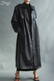 Autumn Extra Long Oversized Black Faux Leather Trench Coat for Women Long Sleeve Belt Double Breasted Loose Fashion