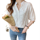 Women's Shirts Solid Blouses for Women Embroidered Shirt Blouse Women White Hollow Out Half Sleeve Tops Female 2023 Woman