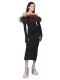 Off Shoulder Long Sleeve Feather Bandage Dress Women Black Slash Neck Strapless Bodycon Midi Dress Evening Party Club