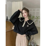 Streetwear Cropped Sweatshirt Women Sweet Preppy Patchwork Pullovers Harajuku Korean Peter Pan Collar Casual Hoodies