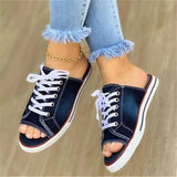 summer open-toe fish mouth denim lace-up shoes casual flat shoes ladies large canvas