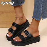 Summer New Large Size Outer Wear Thick Bottom Solid Color Metal Belt Buckle Open Toe Casual Sandals And Slippers For