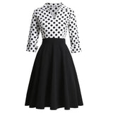 Cotton Women Rockabilly Dress Retro 50s 60s White Black Polka Dot Print Sundress Patchwork 3/4 Sleeve Pin Up Swing