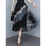 Y2K Patchwork Tulle Skirts Women High Waist Irregular Mesh A Line Midi Skirt Korean Elegant Asymmetrical Pleated