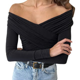 Zingj Light Ripe Woman Wind A Word Two Wear Cross Draw Pleated T Shirt New V Collar Pure Color