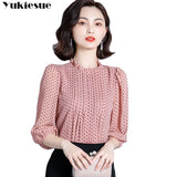 Women Spring Autumn Style Chiffon Blouses Shirts top Lady Casual three quarter O-Neck Polka Dot Printed Chiffon Blusas