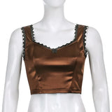 2000s Aesthetics Fashion Solid Lace Trim Spaghetti Strap Cami Tops E-Girl Vintage Cute V-neck Satin Brown Crop Tops