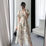 Women's Elegant Casual Floral Print Mid-length Party Dress Office Slim Retro A-line Prom Beach Fashion Bubble Sleeve Long