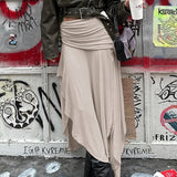 Zingj Leisure Wind Draw Fold Open Fork Irregular Design Low Waist Long Skirt New Solid Color Vertical