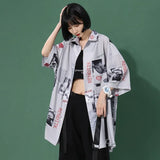 Harajuku Shirts Women Vintage Print Black Top Button Up Short Sleeve Feminine Blouse Korean Fashion Streetwear