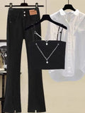Women Streetwear Harajuku Y2k Outfits 3 PCS Sets Chain Vest+long Sleeve Sunscreen+wide Leg Hollow Out Denim Pant