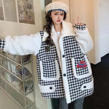 Harajuku Oversize Moto Plaid BF Winter Jackets Women Faux Lamb Fleece Thick Warm Coat Korean Loose Chidori Grid