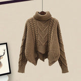 Winter Vintage Two Piece Sets Women Outfit Ladies Warm Thick Twist Turtleneck Knitted Sweater+mesh Skirt Set Women