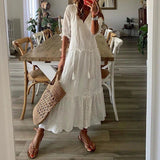 Queens Women Floral Print Short Sleeve Beach Bohemian Maxi Dress Ladies V-neck Boho Sundress