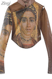 See Trough Crop Top Y2K Vintage Graphic Print Green Mesh Sheer T-shirt Long Flare Sleeve Slim E-girl Fit Tee Women