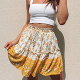 Queens Women Floral Print Beach Bohemian Skirt High Elastic Waist Rayon A-Line Boho Mini Skirts