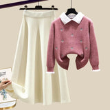 Knitted Two Piece Set Womens Outfits Korean Casual Turn Down Collar Long Sleeve Embroidery Knitted Sweater+skirts