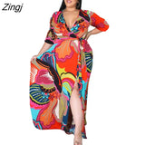 Women's Dress Sexy V-Neck Seven-Sleeve Polyester+ spandex Casual Long Split Dress Printed Party Elegant