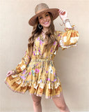 Queens Vintage Women Floral Print Long Sleeve V-neck Ruffles Tassel Beach Bohemian Dresses Rayon Mini Boho Dress