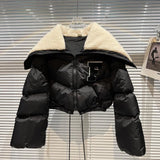 2022 Winter Long Sleeve Lambswool Sailor Collar Short Cotton Coat Women Drawstring Jacket