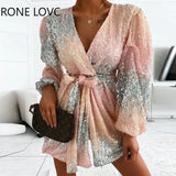 Women Chic Deep V neck Sequin Sashes Lantern Sleeve Mini Sexy Party Gradient colour