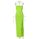Summer New Fashion Halter Neck Backless High Split Evening Party Dresses Women's Sexy Sleeveless Bandage Tunics Long