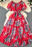 Bohemian Floral Chiffon Long Dress Women Sexy Off Shoulder Ruffle Puff Short Sleeve High Waist A-Line Big Swing