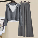 Winter Women Clothing Korean Casual Vest+knitted Sweaters+wide Leg Knitting Wide Leg Pants Sets Ladies Warm Knitwears