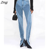 Fashion Women's Jeans Slim Deconstruct Panelled Patchwork High Waist Split Blue Long Denim Pants Autumn 2023 New
