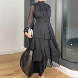 Zingj 2023 New French Hepburn Wind Solid Color High Collar Waist Cake Dress Woman-Outfit
