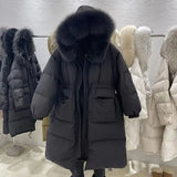 Puffer Jacket Women 2023 New Winter 90% White Duck Down Coat Female Thick Warm Hooded Big Raccoon Fur Snow