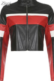 Streetwear Chic Autumn Winter PU Leather Jacket Women Zipper Coat Black White Patchwork Motorcycle Jacket Y2K
