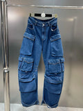 2000 Autumn Fashion High Quality Multiple Pockets Design Jean Women Loose High Waist Blue Denim Pants Female