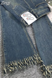 Women Fashion Flare Jeans Tassel Baggy Denim Trousers High Waist Loose Elasticity Korean Style Street Femme Wide Leg