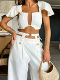Elegant Solid Women Two Piece Set With Pants Deep V Square Collar Sexy Short Top Wide Leg Pants Suit Office Lady