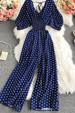 Sexy Polka Dot Romper Women Elegant V-Neck Puff Short Sleeve High Waist Jumpsuit Female Loose Wide Leg Playsuits